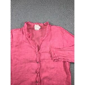 Hot Cotton LInen Shirt Women Medium 100% Linen 3/4 Sleeve Ruffle Minimalist